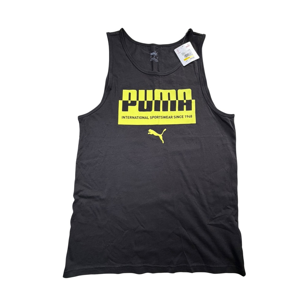 Puma Mens Split Logo Tank Top Black Yellow Sportswear Sleeveless Shirt Size M